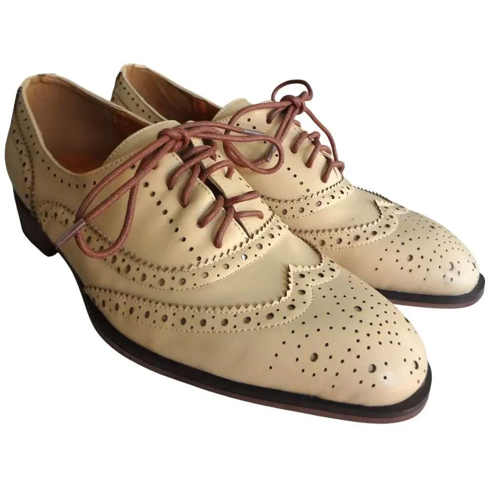 RETRO Cream off White Retro Wingtip Oxfords MENS 8 Leather Vintage Style FSJ
